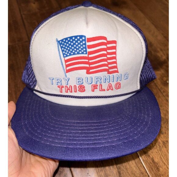 Other - Try Burning This Flag Trucker Hat Cap Adjustable Blue With Flag One Size‎ Used